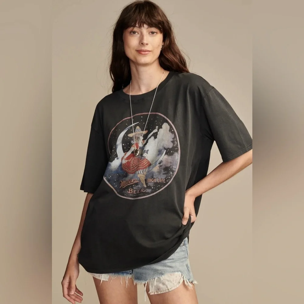 Lucky Brand SMALL Miller High Life Black Graphic Oversized Tee - Picture 2 of 9